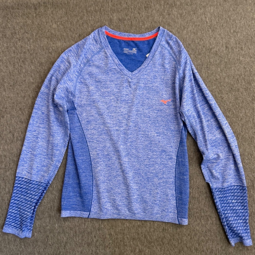 Mizuno Japan Womens Blue Space Dye V-Neck Long Sleeve Running Shirt XL J2GA6732